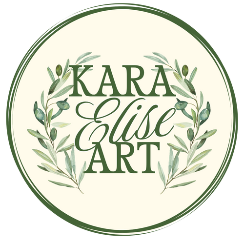 Circular logo for 'Kara Elise Art' with green leaves on a white background